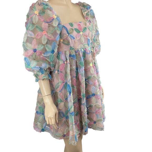 Storia Womens Dress Size Small Stacy Sequins Floral Puff Sleeve Babydoll - Picture 9 of 11